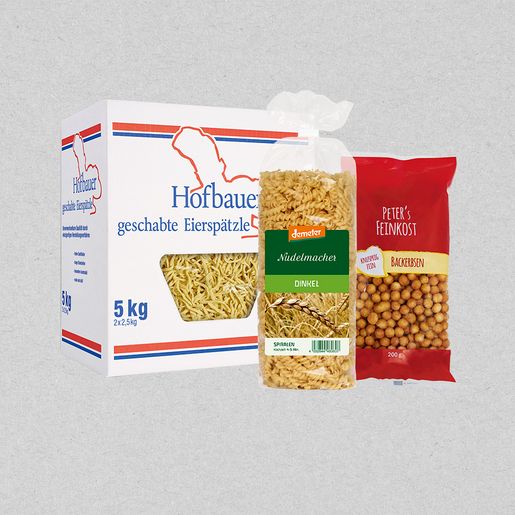 5kg Packung Hofbauer Spätzle zusammen mit den Backerbsen von Peters und den Dinkelnudeln von demeter
