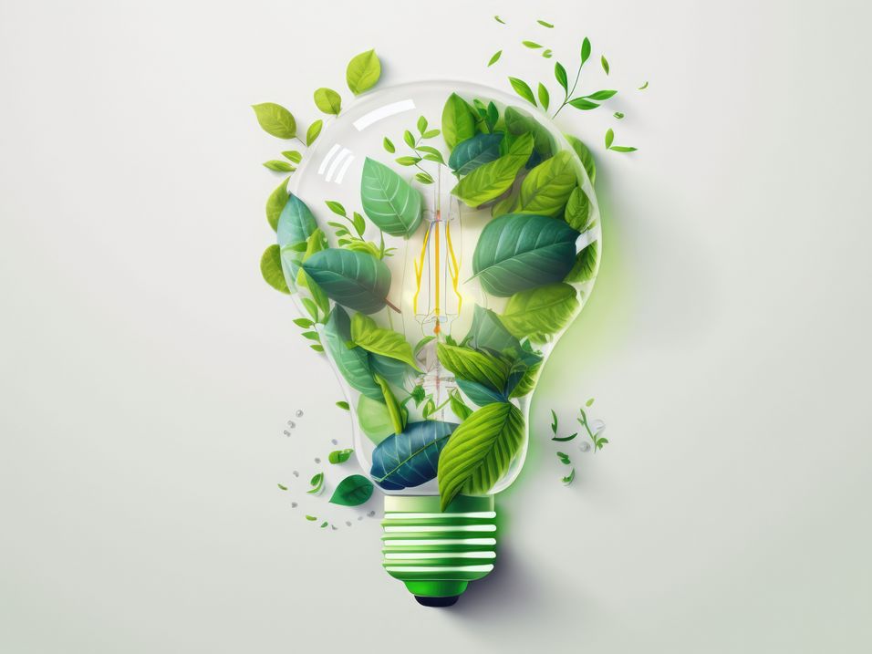 Green plant grows in a transparent light bulb as a symbol of sustainability and environmental protection