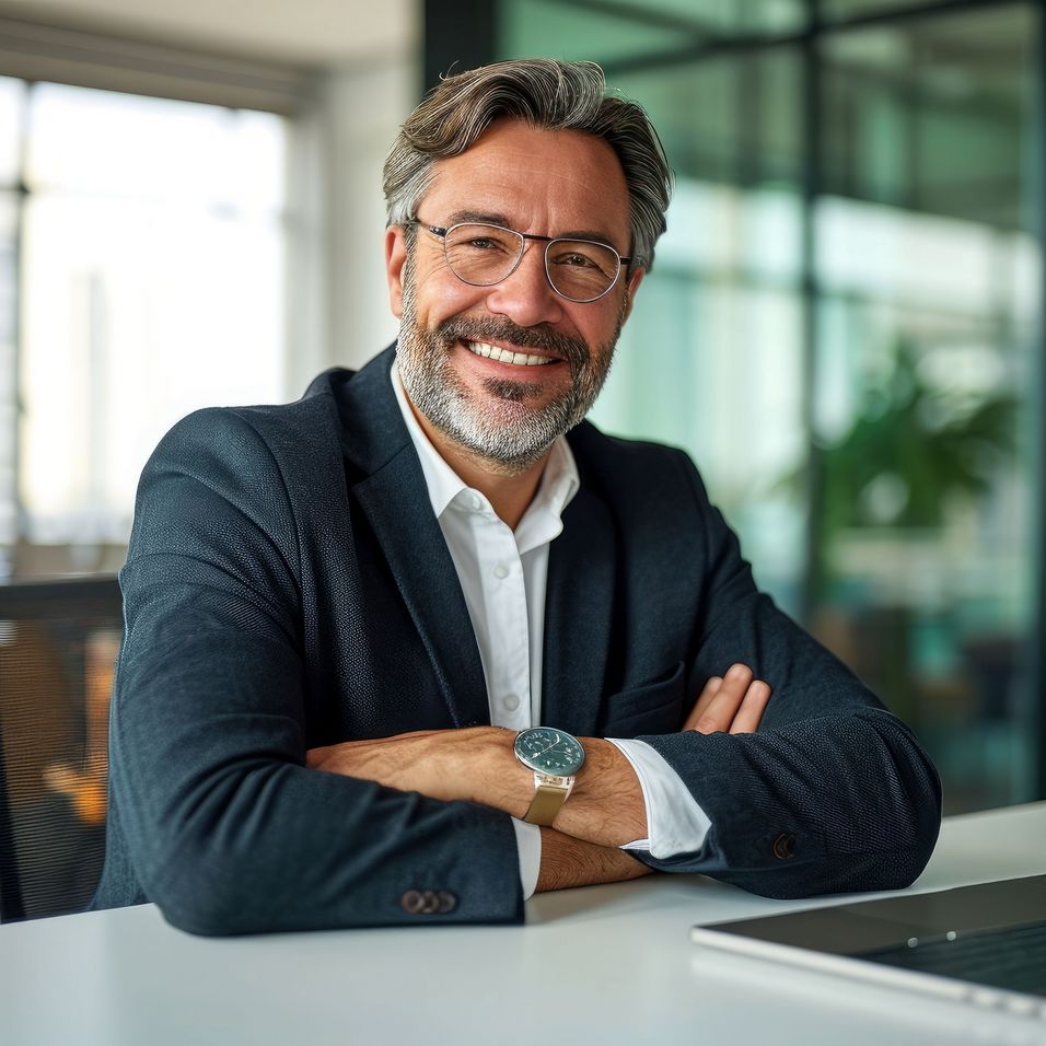 Lächelnder Mann mit Brille und Bart, trägt dunklen Anzug, sitzt mit verschränkten Armen an einem Tisch in einem modernen Büro